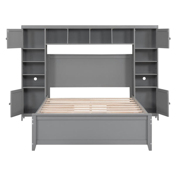 English Elm Full Platform Bed with Headboard Shelving Cabinets and Under Drawer Storage Unit Gray LP000342AAE-1