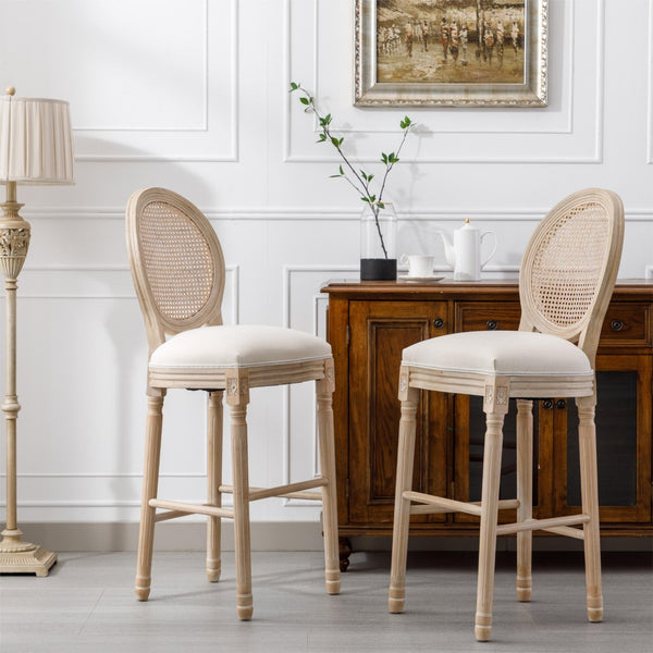 English Elm French Country Barstools Solid Wood Cabriole Legs Upholstered Cushion Set of 2 W1622P412323