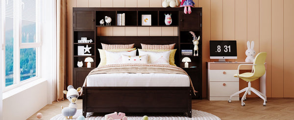 English Elm Full Platform Bed with Headboard Shelving Cabinets and Under Drawer Storage Unit Espresso LP000342AAP-1