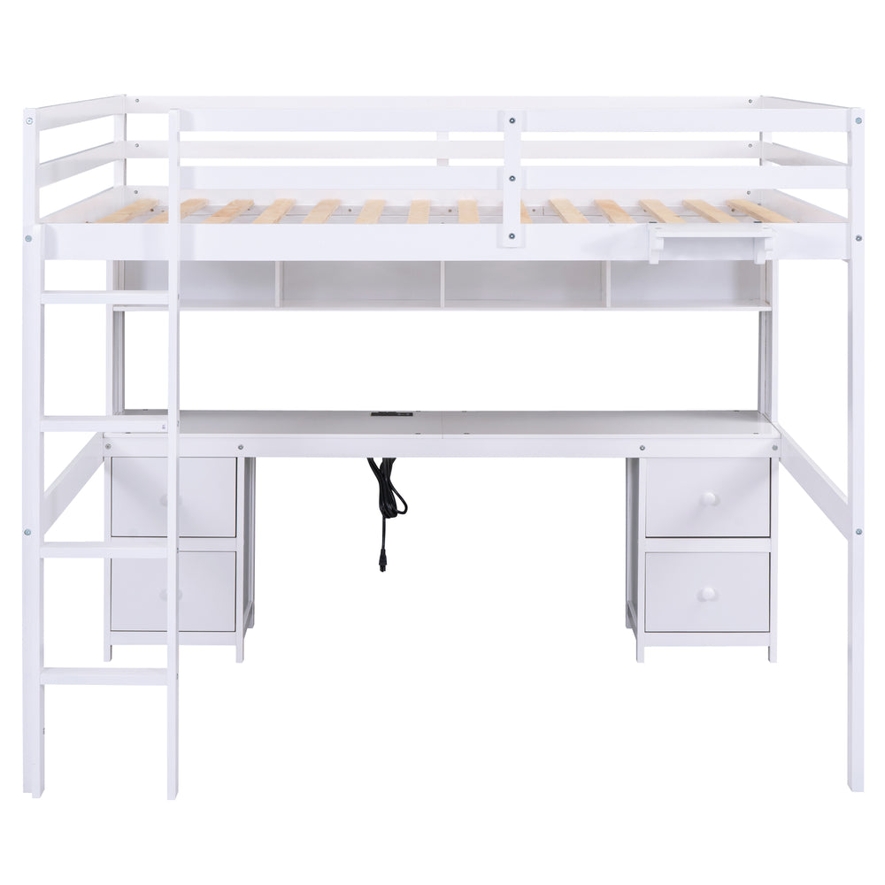 English Elm Full Size Loft Bed With Built-In Desk, Ample Storage, Charging Station & Stylish White Finish GX000334AAK-1