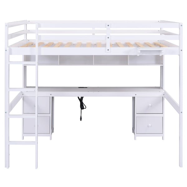 English Elm Full Size Loft Bed With Built-In Desk, Ample Storage, Charging Station & Stylish White Finish GX000334AAK-1