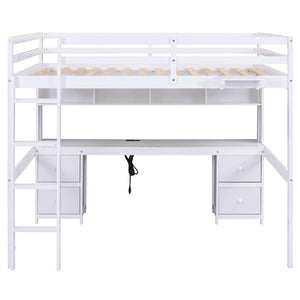 English Elm Full Size Loft Bed With Integrated Desk, Storage Cabinets, Charging Station, Modern White Design GX000334AAK