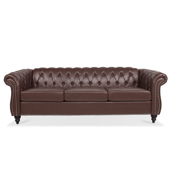English Elm 84.65" Chesterfield Three Seater Sofa Pu Leather Tufted Rolled Arm Living Room Dark Brown W68035342