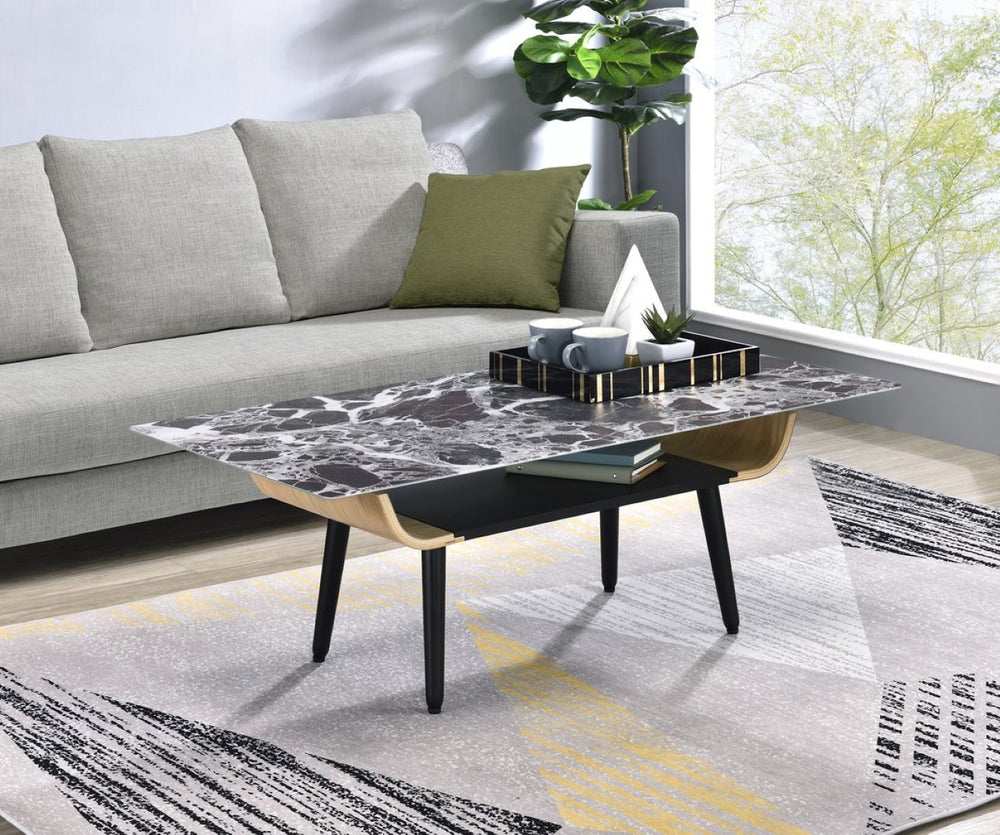 English Elm Landon Mid-century Coffee Table Marble Texture Glass Top Bent Wood Living Room Black B061103280