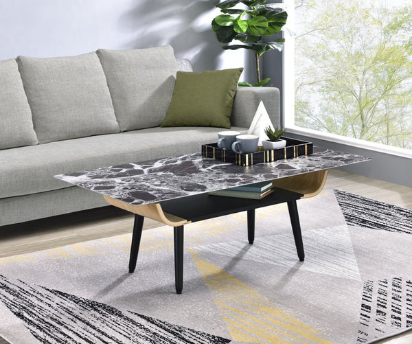 English Elm Landon Mid-century Coffee Table Marble Texture Glass Top Bent Wood Living Room Black B061103280
