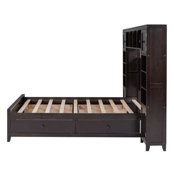 English Elm Full Platform Bed with Headboard Shelving Cabinets and Under Drawer Storage Unit Espresso LP000342AAP-1