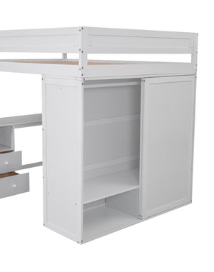 English Elm Wood Full Size Loft Bed with Integrated Wardrobe, 2-Drawer Desk & Cabinet for Space-Saving Rooms 78.4"L x 65"H White GX000333AAK