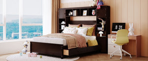 English Elm Full Platform Bed with Headboard Shelving Cabinets and Under Drawer Storage Unit Espresso LP000342AAP-1