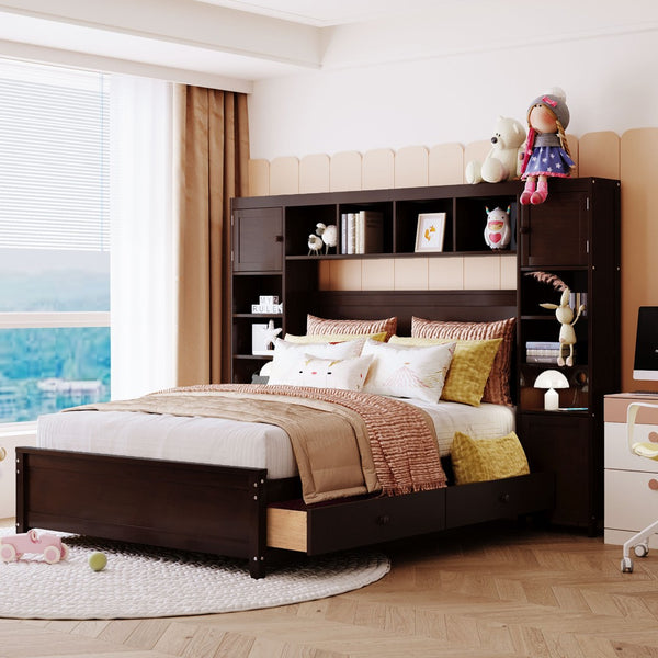 English Elm Full Platform Bed with Headboard Shelving Cabinets and Under Drawer Storage Unit Espresso LP000342AAP-1