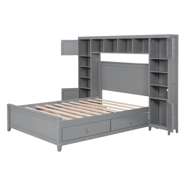 English Elm Full Platform Bed with Headboard Shelving Cabinets and Under Drawer Storage Unit Gray LP000342AAE-1