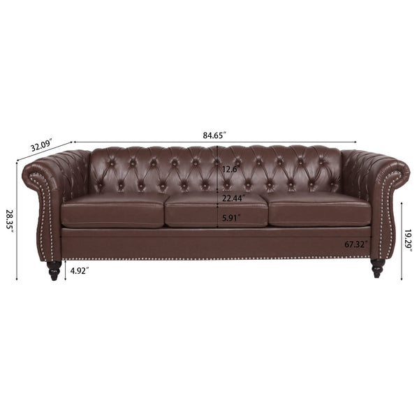 English Elm 84.65" Chesterfield Three Seater Sofa Pu Leather Tufted Rolled Arm Living Room Dark Brown W68035342