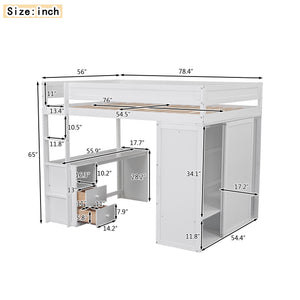 English Elm Wood Full Size Loft Bed with Integrated Wardrobe, 2-Drawer Desk & Cabinet for Space-Saving Rooms 78.4"L x 65"H White GX000333AAK