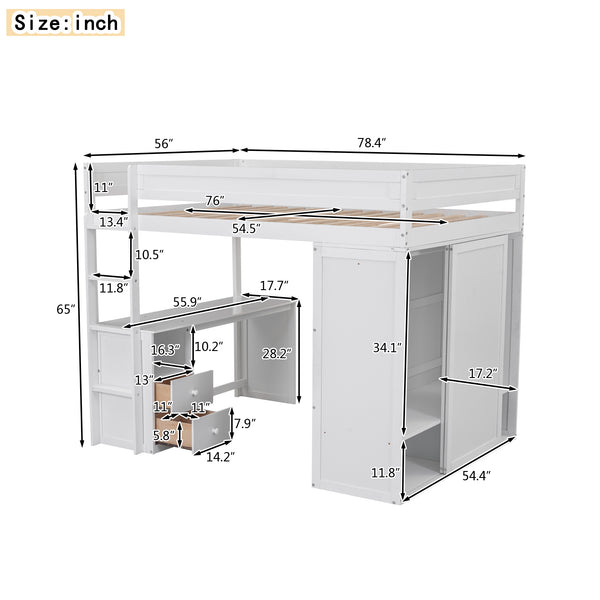 English Elm Wood Full Size Loft Bed with Integrated Wardrobe, 2-Drawer Desk & Cabinet for Space-Saving Rooms 78.4"L x 65"H White GX000333AAK