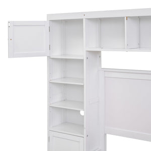 English Elm Full Platform Bed with Headboard Shelving Cabinets and Under Drawer Storage Unit White LP000342AAK-1