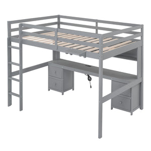English Elm Full Size Loft Bed With Integrated Desk, Ample Storage, Charging Station & Stylish Gray Finish GX000334AAE