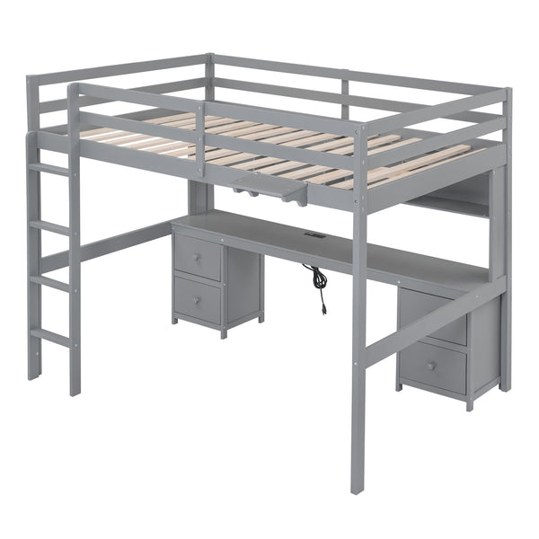 English Elm Full Size Loft Bed With Integrated Desk, Ample Storage, Charging Station & Stylish Gray Finish GX000334AAE