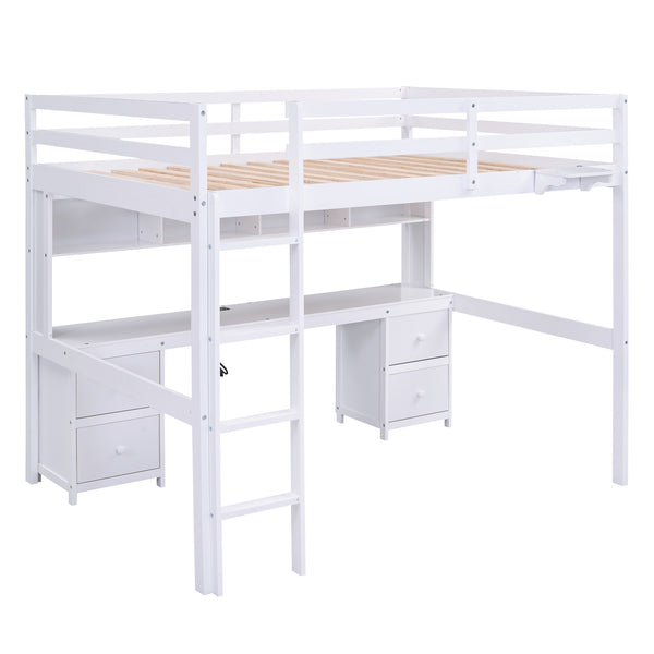 English Elm Full Size Loft Bed With Integrated Desk, Storage Cabinets, Charging Station, Modern White Design GX000334AAK
