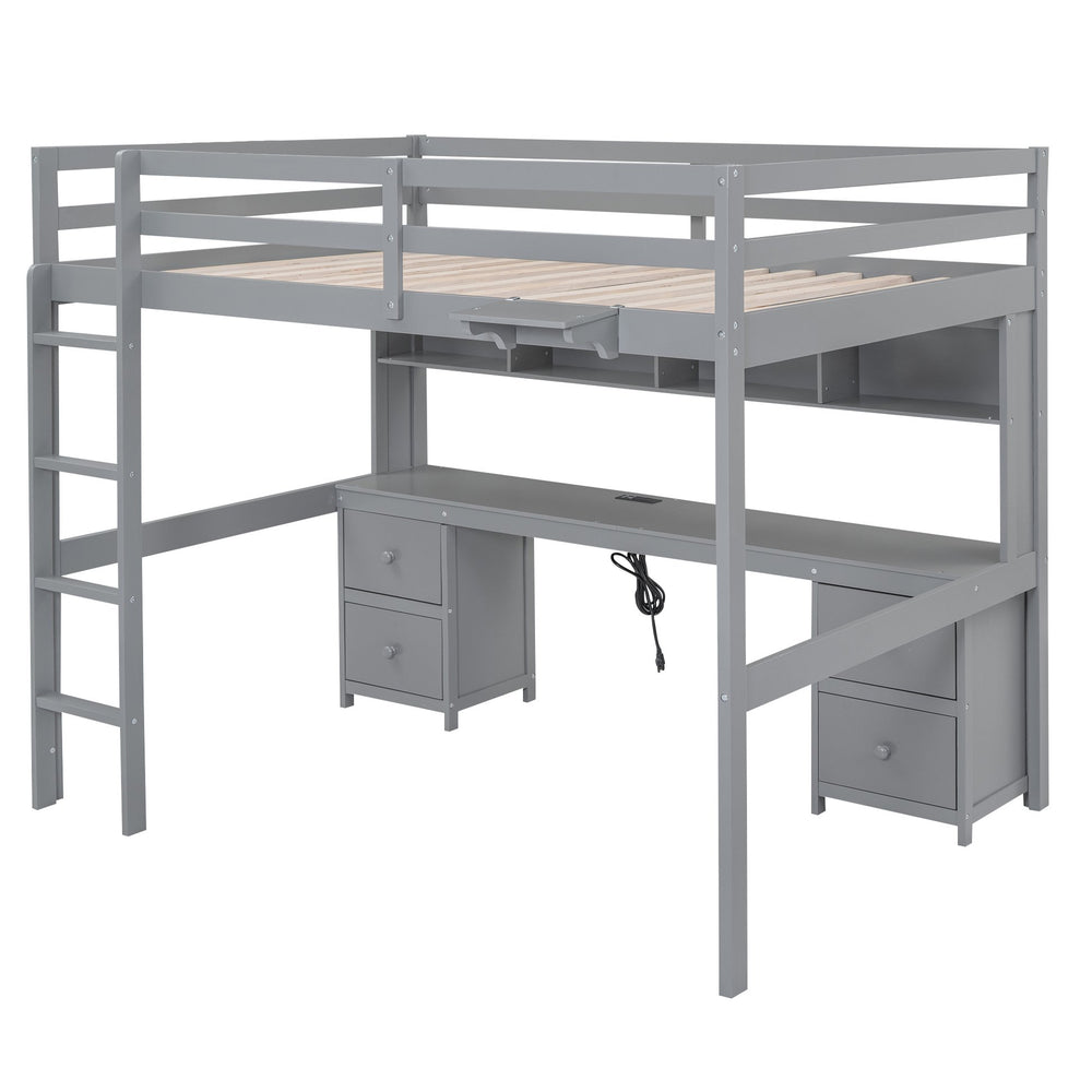 English Elm Full Size Loft Bed With Integrated Desk, Ample Storage, Charging Station & Stylish Gray Finish GX000334AAE