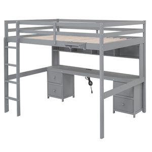 English Elm Full Size Loft Bed With Integrated Desk, Ample Storage, Charging Station & Stylish Gray Finish GX000334AAE