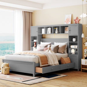 English Elm Full Platform Bed with Headboard Shelving Cabinets and Under Drawer Storage Unit Gray LP000342AAE-1