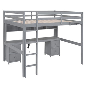 English Elm Full Size Loft Bed With Integrated Desk, Ample Storage, Charging Station & Stylish Gray Finish GX000334AAE