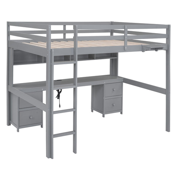 English Elm Full Size Loft Bed With Integrated Desk, Ample Storage, Charging Station & Stylish Gray Finish GX000334AAE