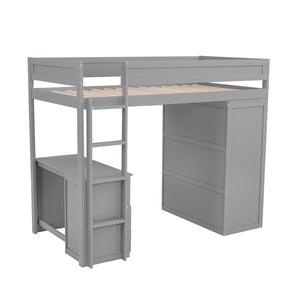 English Elm Wood Twin Loft Bed with Wardrobes & 2-Drawer Desk Cabinet Gray — Space-Saving Storage, Study Nook GX000332AAE