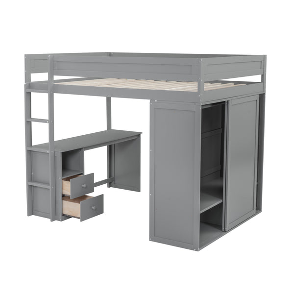English Elm Wood Full Size Loft Bed with Integrated Wardrobe, 2-Drawer Desk & Cabinet for Space-Saving Rooms 78.4"L x 65"H Gray GX000333AAE