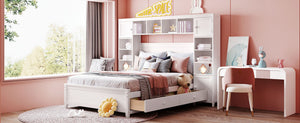 English Elm Full Platform Bed with Headboard Shelving Cabinets and Under Drawer Storage Unit White LP000342AAK-1