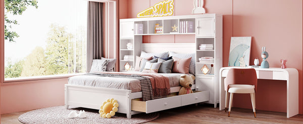English Elm Full Platform Bed with Headboard Shelving Cabinets and Under Drawer Storage Unit White LP000342AAK-1