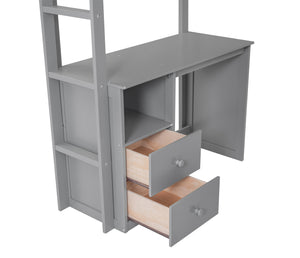 English Elm Wood Twin Loft Bed with Wardrobes & 2-Drawer Desk Cabinet Gray — Space-Saving Storage, Study Nook GX000332AAE
