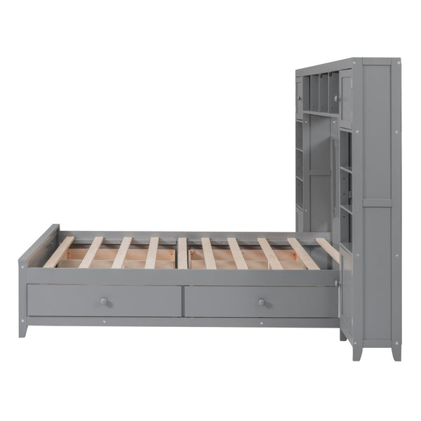 English Elm Full Platform Bed with Headboard Shelving Cabinets and Under Drawer Storage Unit Gray LP000342AAE-1