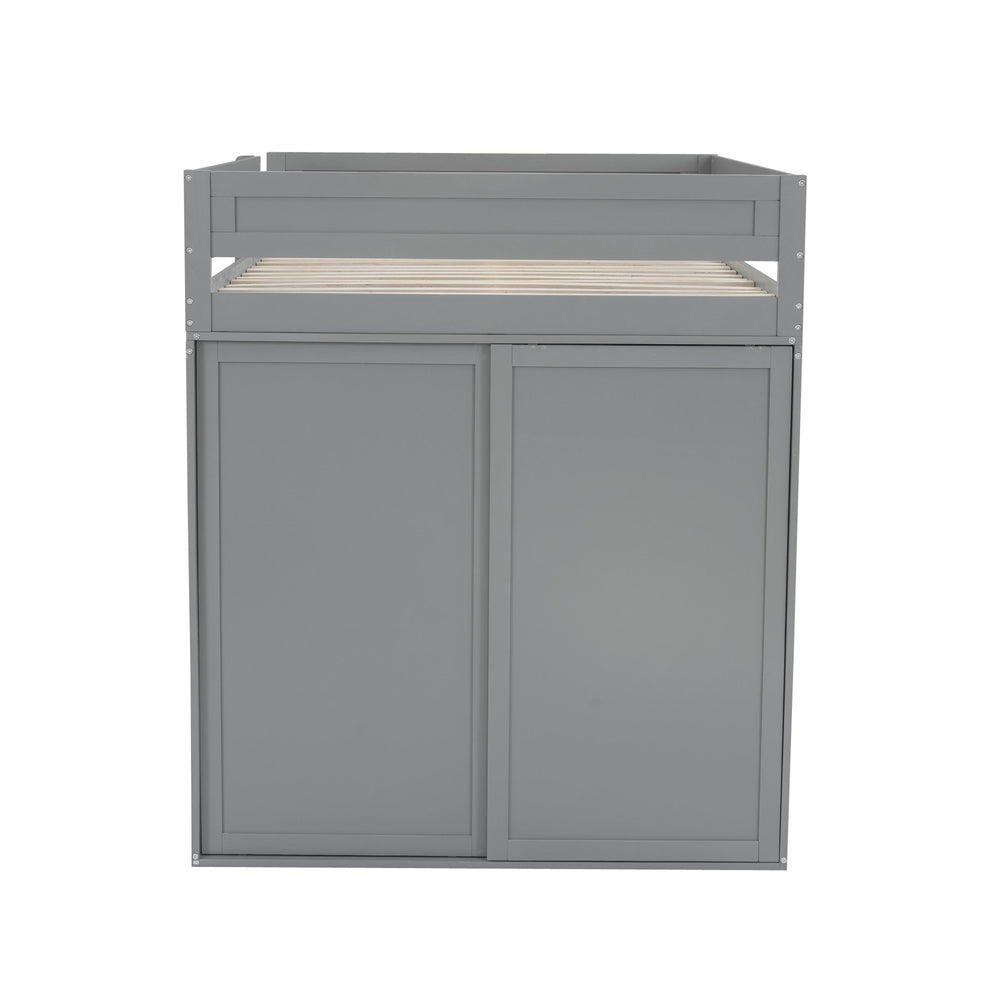 English Elm Wood Full Size Loft Bed with Integrated Wardrobe, 2-Drawer Desk & Cabinet for Space-Saving Rooms 78.4"L x 65"H Gray GX000333AAE