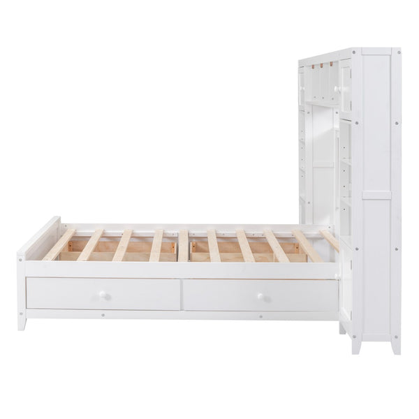English Elm Full Platform Bed with Headboard Shelving Cabinets and Under Drawer Storage Unit White LP000342AAK-1