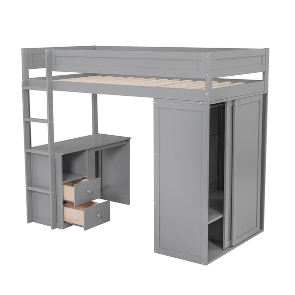 English Elm Wood Twin Loft Bed with Wardrobes & 2-Drawer Desk Cabinet Gray — Space-Saving Storage, Study Nook GX000332AAE