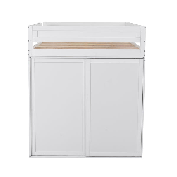 English Elm Wood Full Size Loft Bed with Integrated Wardrobe, 2-Drawer Desk & Cabinet for Space-Saving Rooms 78.4"L x 65"H White GX000333AAK