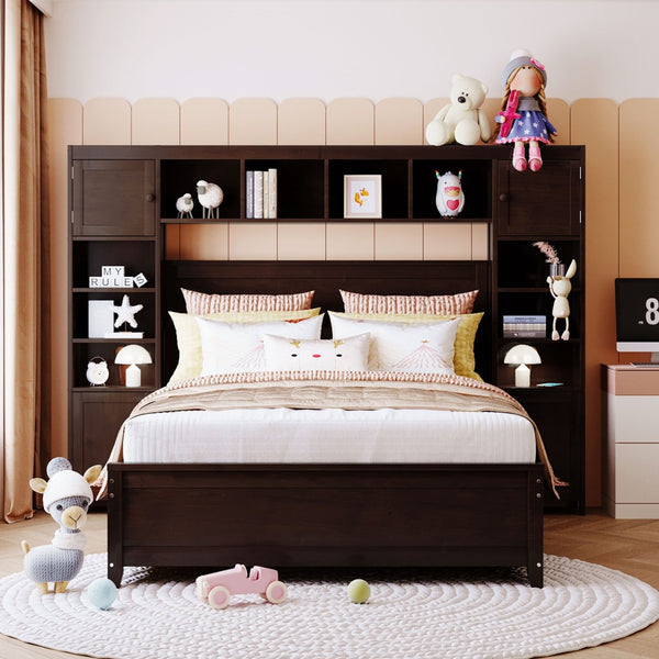 English Elm Full Platform Bed with Headboard Shelving Cabinets and Under Drawer Storage Unit Espresso LP000342AAP-1