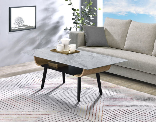 English Elm Landon Mid-century Coffee Table Marble Texture Glass Top Bent Wood Living Room Gray B061103281