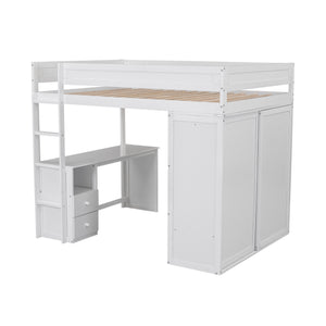 English Elm Wood Full Size Loft Bed with Integrated Wardrobe, 2-Drawer Desk & Cabinet for Space-Saving Rooms 78.4"L x 65"H White GX000333AAK