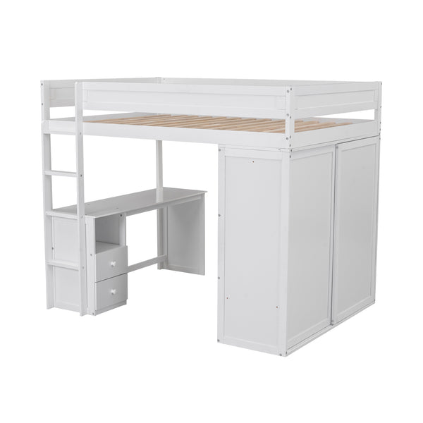 English Elm Wood Full Size Loft Bed with Integrated Wardrobe, 2-Drawer Desk & Cabinet for Space-Saving Rooms 78.4"L x 65"H White GX000333AAK