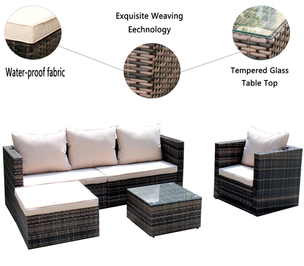 English Elm Rattan 4-Piece Brown Wicker Patio Sectional Set with Tempered Glass Table, Removable UV-Resistant Cushions W209S00002