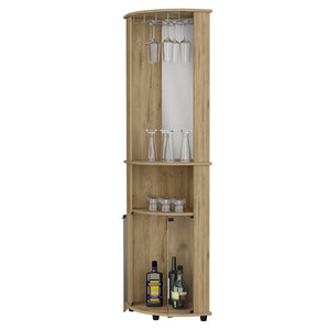 English Elm Kempwell Macadamia Corner Bar Cabinet with Mirrored Center, 2 Doors, Wine Rack & Glass Storage B062103273