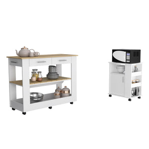 English Elm Tournament Kitchen Island & Cart Set White Light Oak — Mobile Storage, 6 Shelves, 2 Drawers, Spacious Counter B062S00203