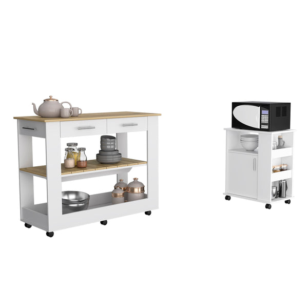 English Elm Tournament Kitchen Island & Cart Set White Light Oak — Mobile Storage, 6 Shelves, 2 Drawers, Spacious Counter B062S00203