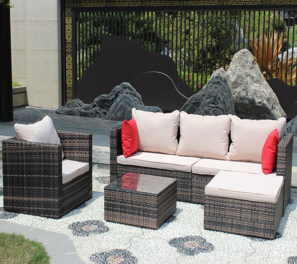 English Elm Rattan 4-Piece Brown Wicker Patio Sectional Set with Tempered Glass Table, Removable UV-Resistant Cushions W209S00002