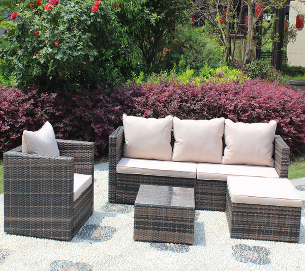 English Elm Rattan 4-Piece Brown Wicker Patio Sectional Set with Tempered Glass Table, Removable UV-Resistant Cushions W209S00002