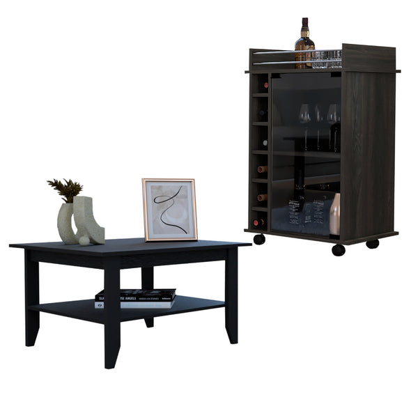 English Elm 4-Shelf Modern Living Room Set with Coffee Table & Bar Cabinet in Wenge Espresso, 6-Bottle Capacity B062S00213