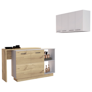 English Elm White Kitchen Island & Wall Cabinet Set with Light Oak Accents, 6 Doors, 4 Shelves, Prep Surfaces and Open Storage (59" Island, 47" Cabinet) B062S00207