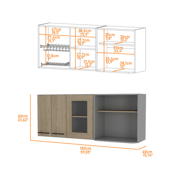English Elm Devoux Light Pine 3-Door Wall Cabinet with Glass Door, 2 Shelves & Interior Rack for Kitchen Storage B062S00185