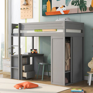 English Elm Wood Twin Loft Bed with Wardrobes & 2-Drawer Desk Cabinet Gray — Space-Saving Storage, Study Nook GX000332AAE